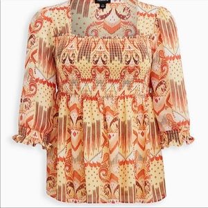 Yellow Ikat Chiffon Smocked Babydoll Top